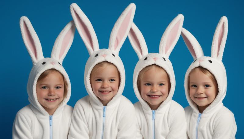 Kanindräkt för barn. 4 barn testar kanindräkter inför påsk.