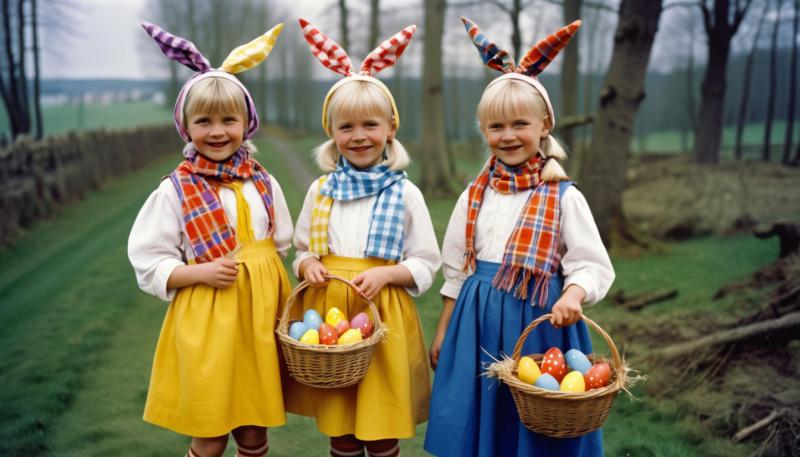Utklädda till påskkärringar med fräknar och korgarna fulla med påskägg.